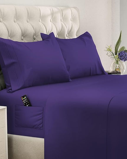 DREAMCARE Full Size Sheets - Cooling Bed Sheets - 4pcs Set - up to 15" Deep Pocket Full Sheet Set - Sheets Full Size Bed - Soft & Long Lasting 100% Fine Brushed Polyester with Side Pocket - Purple - LeafyLoom