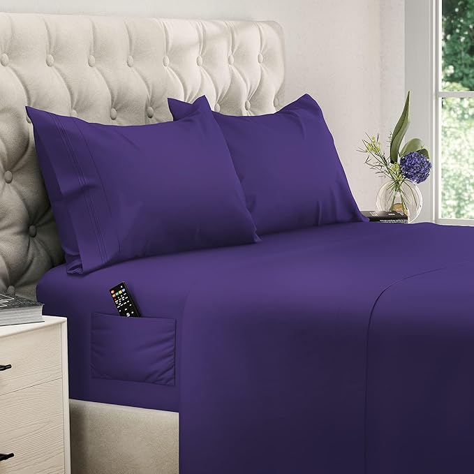 DREAMCARE Full Size Sheets - Cooling Bed Sheets - 4pcs Set - up to 15" Deep Pocket Full Sheet Set - Sheets Full Size Bed - Soft & Long Lasting 100% Fine Brushed Polyester with Side Pocket - Purple - LeafyLoom
