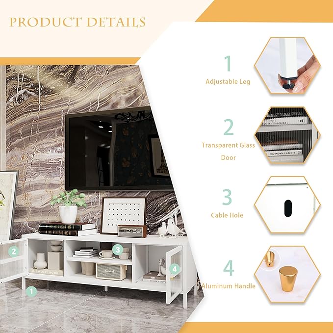 TV Stand for 55 60 inch TV, Glass Door Metal TV Cabinet Modern Mid Century Entertainment Center with Storage, TV Industrial Media Console Table 2 Cabinet for Living Room, Bedroom (White) - LeafyLoom
