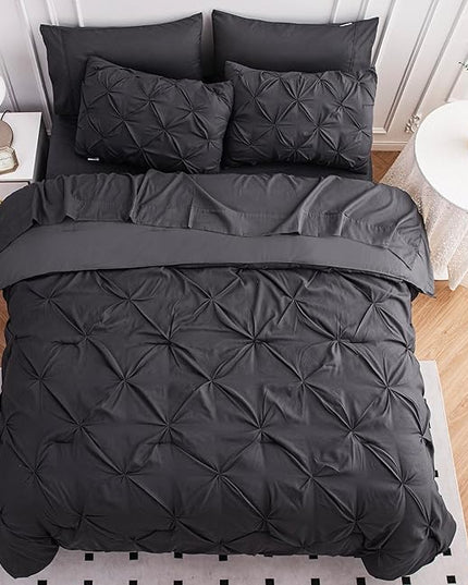 LANE LINEN Full Size Comforter Sets, 7 Piece Bed in a Bag Full Size, Soft Full Size Bedding Sets, Pintuck Comforter Sets Full Size, Full Size Bed Comforter Set with Sheets, Pillowcases & Shams - Grey - LeafyLoom