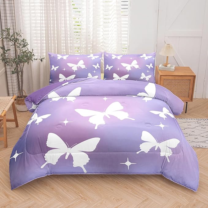 Tailor Shop Butterfly Comforter Sets King Size,Purple Butterfly Bedding Sets for Girls Kids Teens with 2 Pillowcase… - LeafyLoom