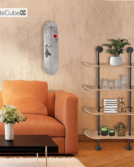 Industrial Shelves - 4 Tier Industrial Decor Pipe Bookcase Using 7 Ply Skateboard Decks - Natural Wood Stain Finish - Perfect Bathroom Wall Decor, Book Shelf for Skateboard Enthusiasts - LeafyLoom