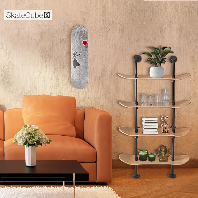 Industrial Shelves - 4 Tier Industrial Decor Pipe Bookcase Using 7 Ply Skateboard Decks - Natural Wood Stain Finish - Perfect Bathroom Wall Decor, Book Shelf for Skateboard Enthusiasts - LeafyLoom