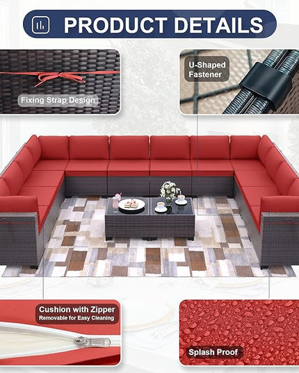Patio Furniture Set 14-Pieces Outdoor Furniture for Backyard Wicker Sectional Sofa Set, Rattan Patio Conversation Set with Thickened Cushions and Glass Coffee Table, Red - LeafyLoom