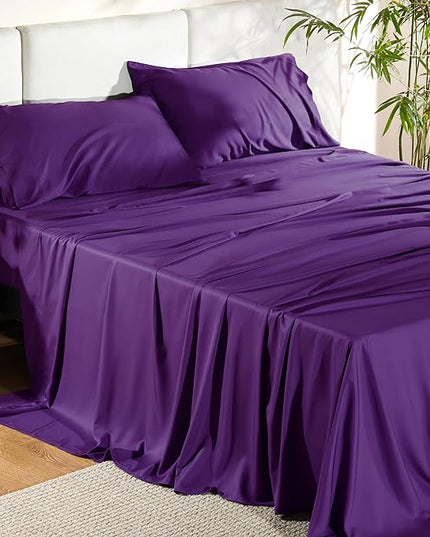 Bedsure California King Sheet Sets, Cooling Sheets, Rayon Derived from Bamboo, Deep Pocket Up to 16", Breathable & Soft Bed Sheets, Hotel Luxury Silky Bedding Sheets & Pillowcases, Plum - LeafyLoom