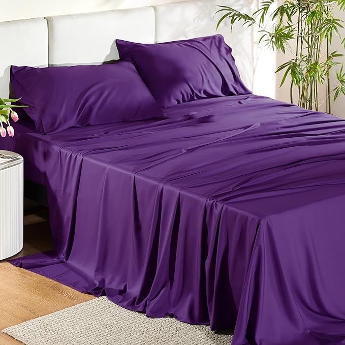 Bedsure California King Sheet Sets, Cooling Sheets, Rayon Derived from Bamboo, Deep Pocket Up to 16", Breathable & Soft Bed Sheets, Hotel Luxury Silky Bedding Sheets & Pillowcases, Plum - LeafyLoom