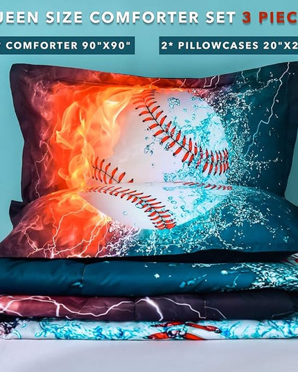 Andency Baseball Comforter Set Queen(90x90 Inch), 3 Pieces(1 Baseball Comforter, 2 Pillowcases) Sport Microfiber Comforter Set Bedding Set for Kids Boys Teens - LeafyLoom