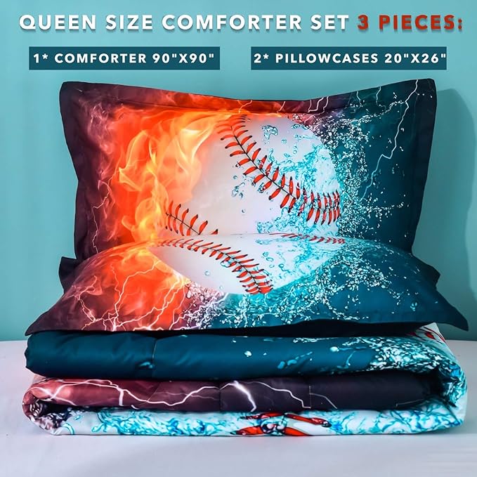 Andency Baseball Comforter Set Queen(90x90 Inch), 3 Pieces(1 Baseball Comforter, 2 Pillowcases) Sport Microfiber Comforter Set Bedding Set for Kids Boys Teens - LeafyLoom