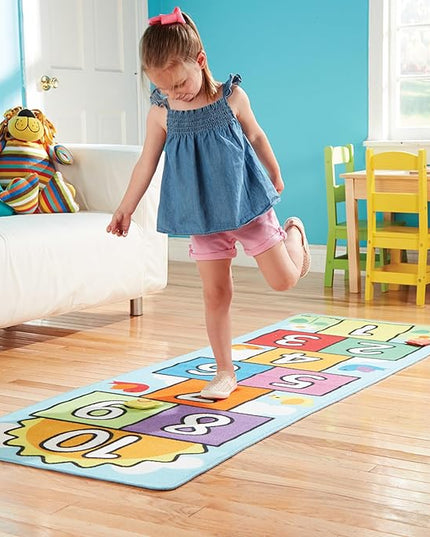 Melissa & Doug Hop & Count Hopscotch Rug (Play Space & Room Decor, Skid-Proof Backing, 27” H x 5.5” W x 5.5” L) - Classic Hopscotch Rug For Kids - LeafyLoom