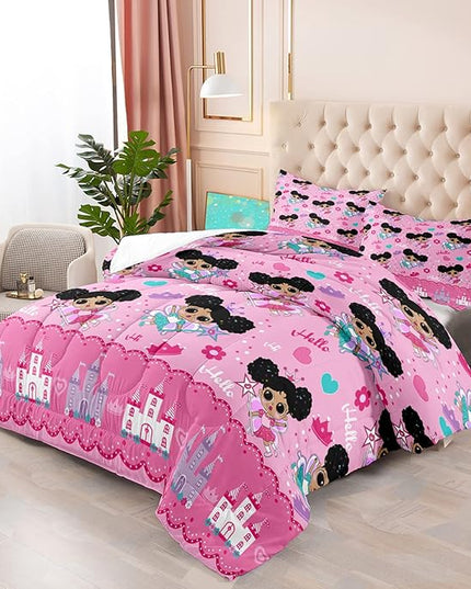 Black Girl Comforter Set, Pink Girls Queen Comforter Set 3 Piece Cute Pattern African American Black Girls Comforter Set Decor Kids Girls Teens Bedroom with 1 Comforter 2 Pillowcases - LeafyLoom