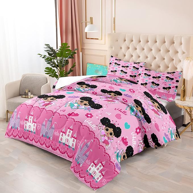 Black Girl Comforter Set, Pink Girls Queen Comforter Set 3 Piece Cute Pattern African American Black Girls Comforter Set Decor Kids Girls Teens Bedroom with 1 Comforter 2 Pillowcases - LeafyLoom