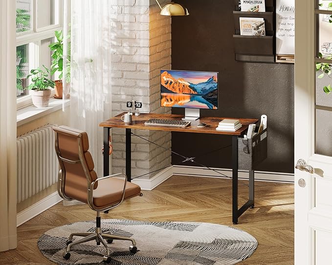 ODK Computer Desk, 40 Inch Small Study Desk, Office Desk with Storage, Work Table with Headphone Hook for Small Space Home Office, Deep Brown - LeafyLoom