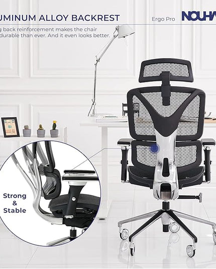 Nouhaus Ergonomic Office Chair Lumbar Support Aluminum Alloy Backrest, Big and Tall Mesh Computer Desk Chair with Adjustable Headrest, 4D Armrest and Premium Wheels(ErgoPRO,Black) - LeafyLoom