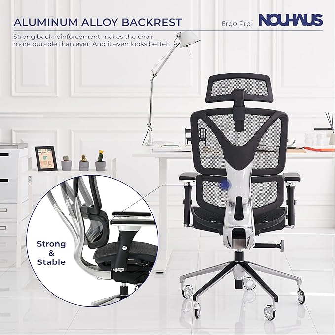 Nouhaus Ergonomic Office Chair Lumbar Support Aluminum Alloy Backrest, Big and Tall Mesh Computer Desk Chair with Adjustable Headrest, 4D Armrest and Premium Wheels(ErgoPRO,Black) - LeafyLoom