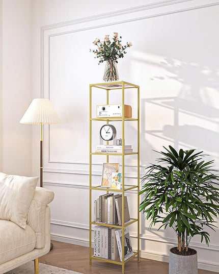 6-Tier Bookshelf,Metal Bookcase,Tempered Glass Shelves,Storage Rack Shelf for Home Office,Living Room,Bedroom, Bathroom,Modern Style,Golden - LeafyLoom