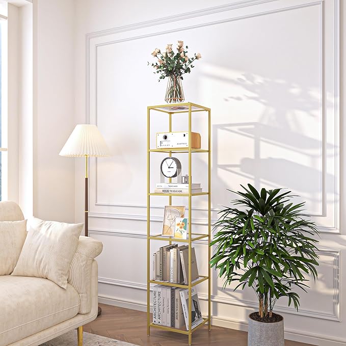6-Tier Bookshelf,Metal Bookcase,Tempered Glass Shelves,Storage Rack Shelf for Home Office,Living Room,Bedroom, Bathroom,Modern Style,Golden - LeafyLoom