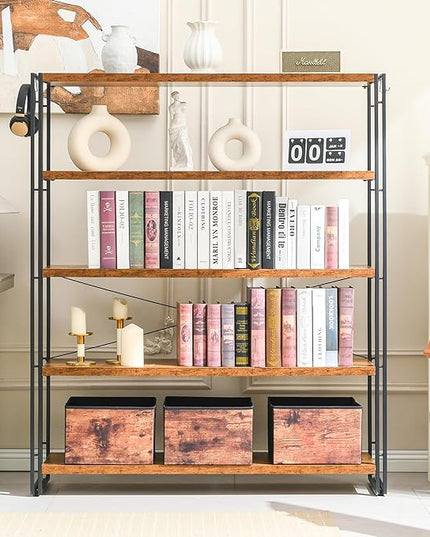 HCHQHS Bookshelf, 5-Tier Industrial Bookcase, Rustic Open Book Shelf, Freestanding Tall Bookshelves with Metal Frame - LeafyLoom