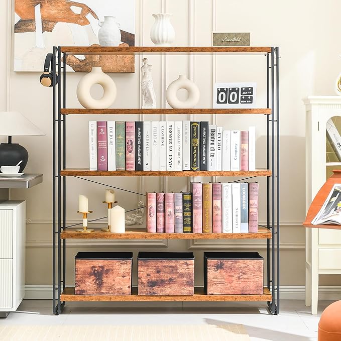 HCHQHS Bookshelf, 5-Tier Industrial Bookcase, Rustic Open Book Shelf, Freestanding Tall Bookshelves with Metal Frame - LeafyLoom