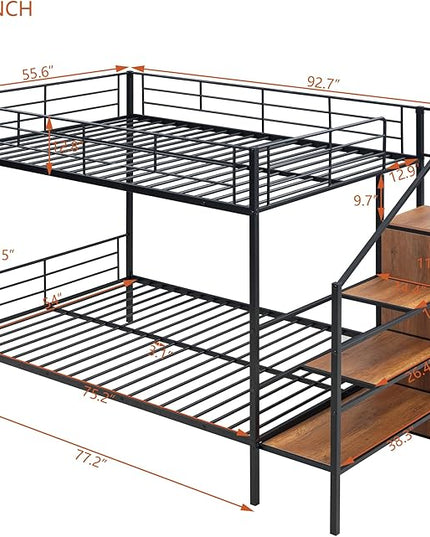 Full Over Full Metal Bunk Bed Frame with Lateral Storage Ladder & Wardrobe,Heavy-Duty Steel Frame Bunk Bed with Safety Guard Rails, for Kids Teens Adults, No Box Spring Needed - LeafyLoom