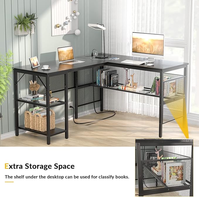 Unikito L Shaped Desk with USB Charging Port and Power Outlet, Reversible Corner Computer Desk with Storage Shelves, Industrial 2 Person Long Gaming Table Modern Home Office Desk, Black - LeafyLoom