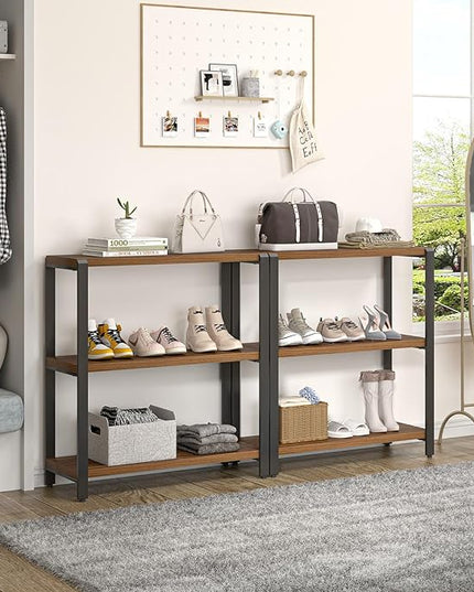 FOLUBAN Small Bookshelf and Bookcase, 3 Tier Low Short Book Shelf, Industrial Metal and Wood Book Case for Living Room Bedroom, Rustic Walnut - LeafyLoom