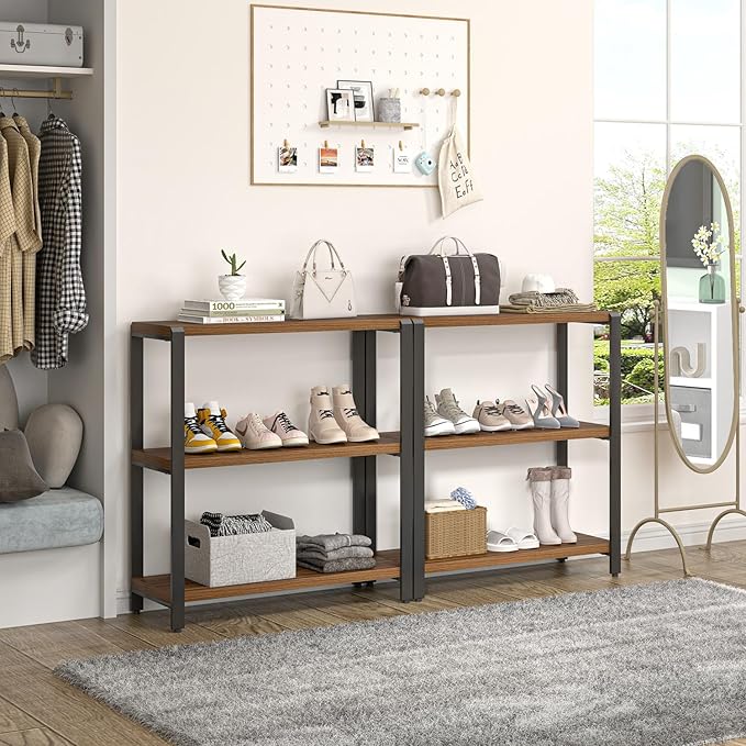 FOLUBAN Small Bookshelf and Bookcase, 3 Tier Low Short Book Shelf, Industrial Metal and Wood Book Case for Living Room Bedroom, Rustic Walnut - LeafyLoom
