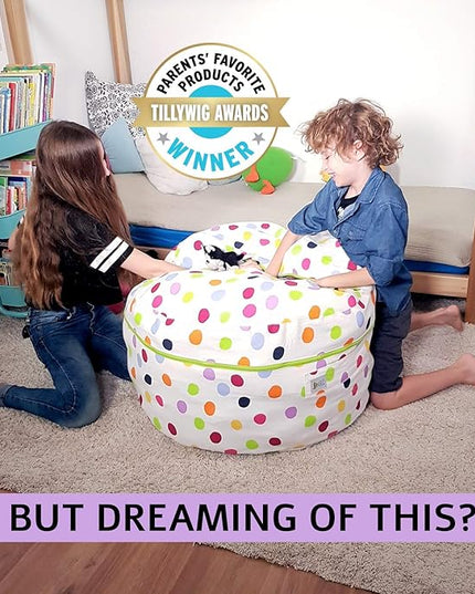 2 Sizes in 1 Stuffed Animal Storage Bean Bag Chair Cover for Kids & Adults | Washable XL Stuffie Seat | 100% Cotton | Pouf Organizer for Plush Toys, Linens, Quilts & Pillows | Polka Dots - LeafyLoom