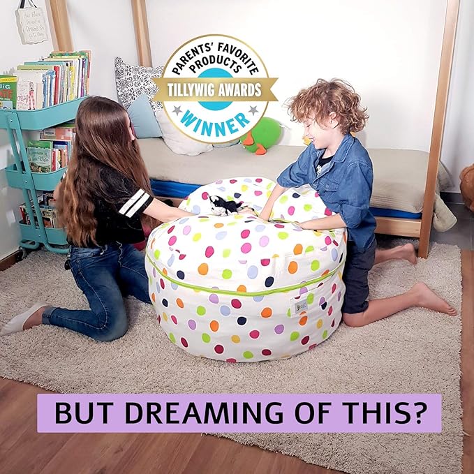 2 Sizes in 1 Stuffed Animal Storage Bean Bag Chair Cover for Kids & Adults | Washable XL Stuffie Seat | 100% Cotton | Pouf Organizer for Plush Toys, Linens, Quilts & Pillows | Polka Dots - LeafyLoom