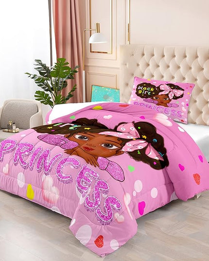 Black African American Girls Twin - Black Girls Comforter Set for Girls Bedroom Pink Princess Room Decor Kids Twin Bedding Sets for Girls, Twin (1 Comforter 1 Pillowcase) - LeafyLoom