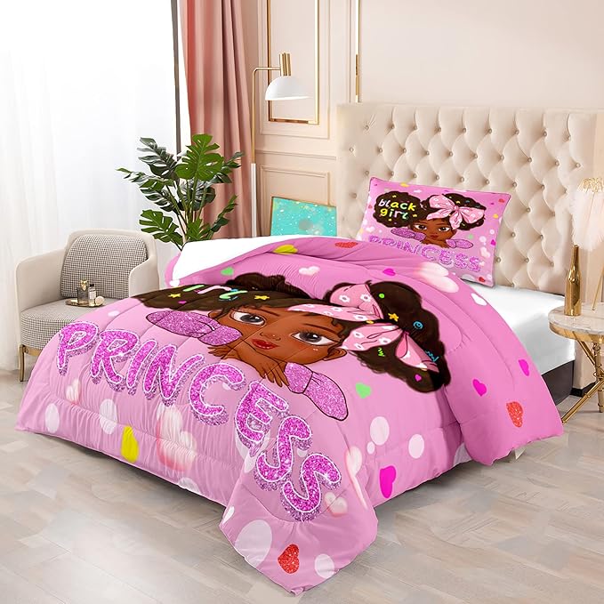 Black African American Girls Twin - Black Girls Comforter Set for Girls Bedroom Pink Princess Room Decor Kids Twin Bedding Sets for Girls, Twin (1 Comforter 1 Pillowcase) - LeafyLoom
