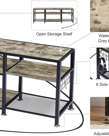 VECELO TV Stand with Power Outlets for Televisions Up to 75 Inch, Industrial Entertainment Center with 3-Tier Open Storage Shelves & 6 Hooks for Living, Bedroom and Gaming Room, 70 Inch, Rustic Grey - LeafyLoom