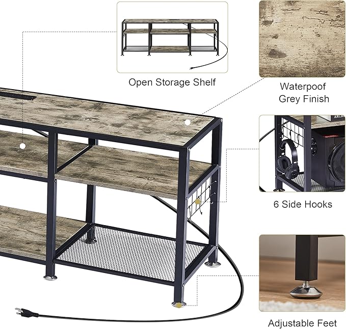 VECELO TV Stand with Power Outlets for Televisions Up to 75 Inch, Industrial Entertainment Center with 3-Tier Open Storage Shelves & 6 Hooks for Living, Bedroom and Gaming Room, 70 Inch, Rustic Grey - LeafyLoom