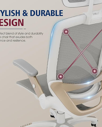 GABRYLLY Ergonomic Office Chair, High Back Home Desk Chair with Headrest, Flip-Up Arms, 90-120° Tilt Lock and Wide Cushion, Big and Tall Mesh Chairs for Man Woman, White Task Chair - LeafyLoom