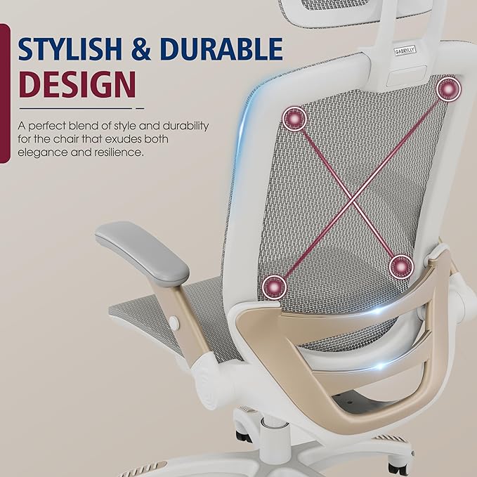 GABRYLLY Ergonomic Office Chair, High Back Home Desk Chair with Headrest, Flip-Up Arms, 90-120° Tilt Lock and Wide Cushion, Big and Tall Mesh Chairs for Man Woman, White Task Chair - LeafyLoom