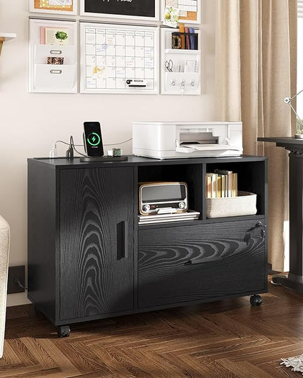 DEVAISE File Cabinet with Charging Station, 1-Drawer Lateral File Cabinets with lock for home office, Wooden Rolling Printer Stand with Shelves, Black - LeafyLoom
