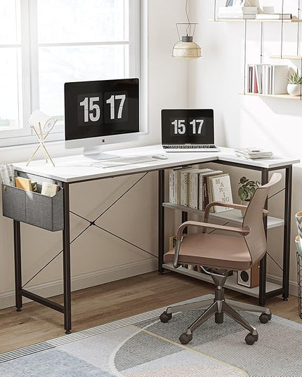CubiCubi L Shaped Desk, 47 Inch Computer Desk with Reversible Storage Shelves Home Office Corner Desk Study Writing Table, White Top/Black Leg - LeafyLoom