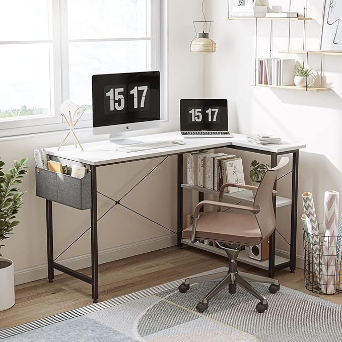 CubiCubi L Shaped Desk, 55 Inch Computer Desk with Reversible Storage Shelves Home Office Corner Desk Study Writing Table, White Top/Black Leg - LeafyLoom