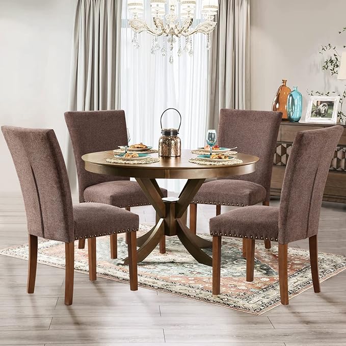 Parsons Dining Chairs Set of 2, Upholstered Nailhead Dining Room Kitchen Side Chair with Thick Cushions and Wood Legs, Brown - LeafyLoom