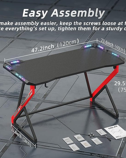 Gaming Desk with LED Lights, 47 Inch Computer Desk for Home Small Space, Gaming Table with Carbon Fiber Surface, PC Gamer Desk for Kids Boys Men, Black - LeafyLoom