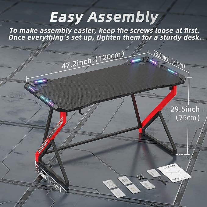 Gaming Desk with LED Lights, 47 Inch Computer Desk for Home Small Space, Gaming Table with Carbon Fiber Surface, PC Gamer Desk for Kids Boys Men, Black - LeafyLoom