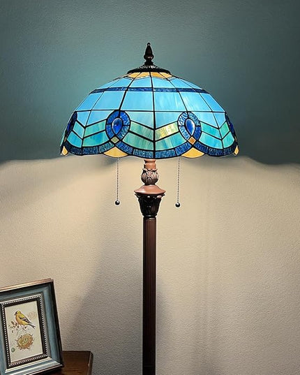 Capulina Tiffany Floor Lamp 2-Light 16X16X63 Inches Blue Sky Style Stained Glass Standing Reading Light for Living Room Bedroom Home Office - LeafyLoom