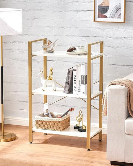 BEWISHOME 3 Tier Bookshelf, Modern Small Book Shelf for Small Spaces, White Gold Wooden Shelves for Bedroom Living Room and Home Office, 13.78" D x 24.12" W x 37.09" H, JCJ42M - LeafyLoom