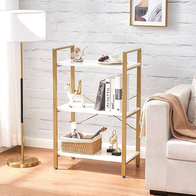 BEWISHOME 3 Tier Bookshelf, Modern Small Book Shelf for Small Spaces, White Gold Wooden Shelves for Bedroom Living Room and Home Office, 13.78" D x 24.12" W x 37.09" H, JCJ42M - LeafyLoom