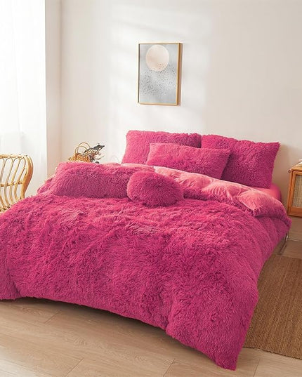 FOPPA Hot pink fluffy Comforter Cover Set king- Ultra Soft fluffy hot pink Bedding Sets 3 Pieces (1 Duvet Cover + 2 Pillow case) hot pink fluffy bed set (Hot pink, King) - LeafyLoom