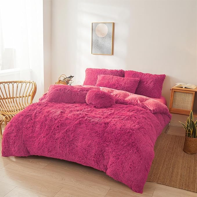 Fluffy Faux Fur hot pink Comforter Cover Set Queen - Ultra Soft Plush hot pink Bedding Sets 3 Pieces (1 fluffy duvet cover + 2 Faux Fur Pillow case) Cute hot pink Bed Set (Hot pink, Queen) - LeafyLoom