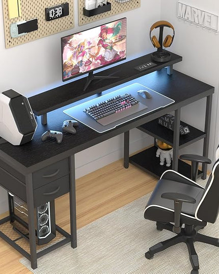 Computer Desk with Drawer and Power Outlets, Gaming Desk with LED Light, Work Desk with Shelves and PC Stand for Home Office (Black) - LeafyLoom