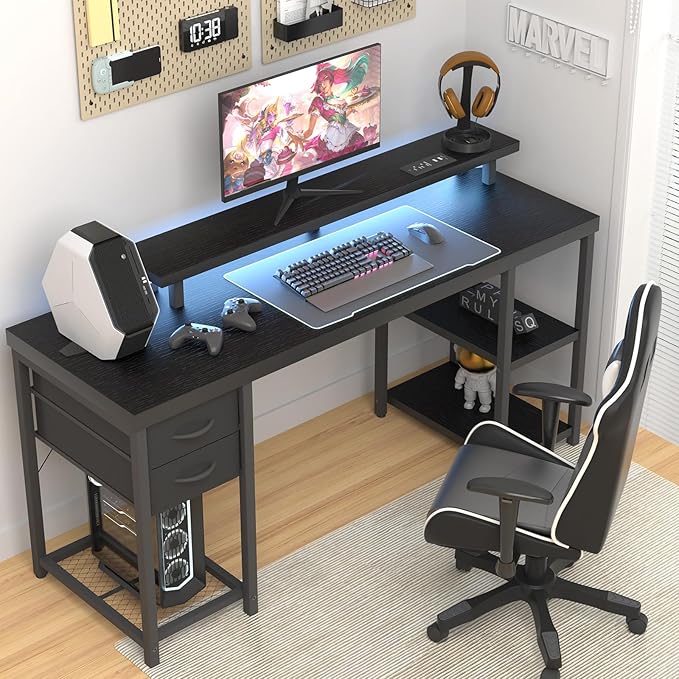 Computer Desk with Drawer and Power Outlets, Gaming Desk with LED Light, Work Desk with Shelves and PC Stand for Home Office (Black) - LeafyLoom