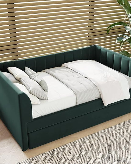Twin Size Upholstered Velvet Daybed with Trundle,Wood Bed Frame w/ 2 Armrests,Slat Support,No Box Spring Needed,for Small Living Spaces and Accommodating Guests,Green - LeafyLoom