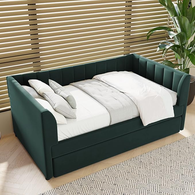 Twin Size Upholstered Velvet Daybed with Trundle,Wood Bed Frame w/ 2 Armrests,Slat Support,No Box Spring Needed,for Small Living Spaces and Accommodating Guests,Green - LeafyLoom