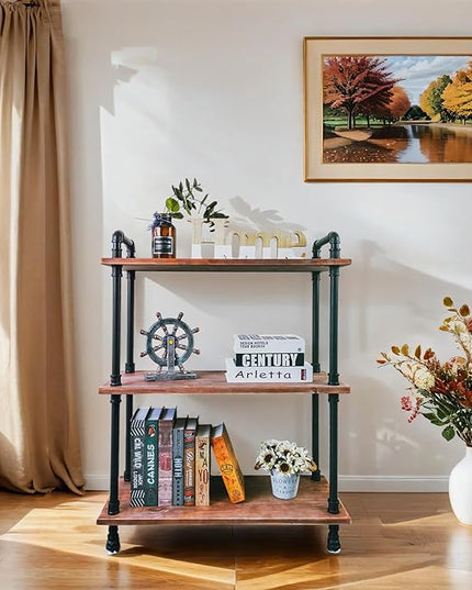 3 Tier Industrial Pipe Bookcase, Rustic Farmhouse Bookshelf with Solid Wood for Living Room, Kitchen, Office - LeafyLoom